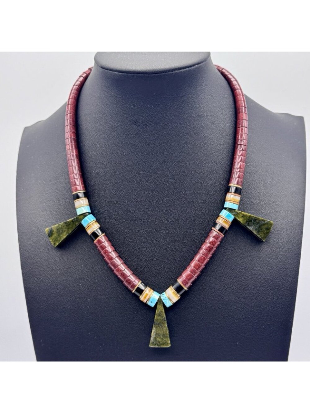 Vintage Navajo Fetish Necklace Sterling Silver Turquoise Jasper MultiStone Inlay - Picture 2 of 16